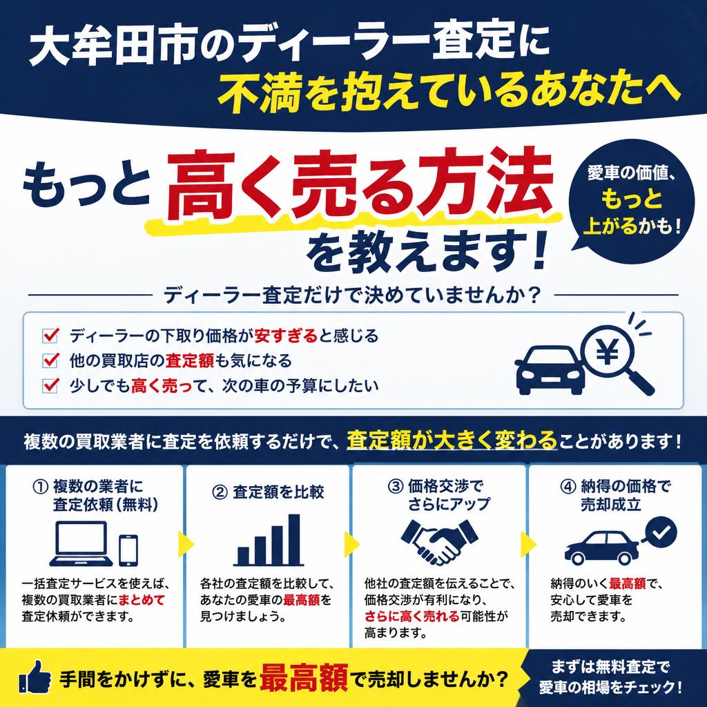 大牟田市のディーラー査定に不満を抱えているあなたへ、もっと高く売る方法を教えます！