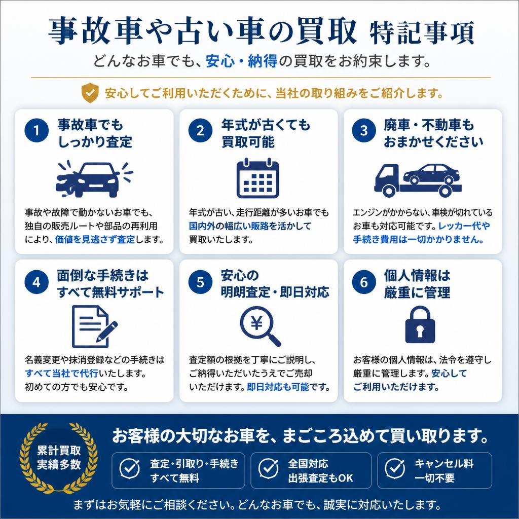 事故車・古い車も安心